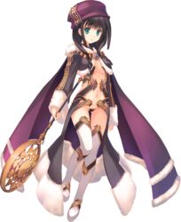  aqua_eyes aquaplus black_hair cape detached_sleeves dungeon_travelers_2 female full_body fur_trim hat highres holding long_sleeves looking_at_viewer melvy_de_florencia mitsumi_misato navel open_mouth revealing_clothes solo staff standing thighhighs transparent_background 