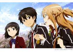  1boy 2girls absurdres asuna_(sao) black_eyes black_hair brown_eyes brown_hair cloud day eye_contact hair_ornament highres holding_hands kirigaya_suguha kirito long_hair looking_at_another multiple_girls necktie official_art open_mouth outdoors red_necktie sasaki_keigo school_uniform short_hair sky smile sword_art_online 