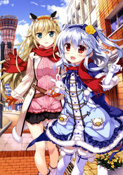  2girls :d absurdres animal_ears aqua_eyes black_skirt blonde_hair blue_bow blue_ribbon boots bow breasts capelet cat_tail city cloud coat day dress elbow_gloves eyebrows feet_out_of_frame flower frills fringe_trim fujima_takuya fur-trimmed_capelet fur-trimmed_coat fur-trimmed_legwear fur_trim gloves grey_hair hair_between_eyes hair_flower hair_ornament hairband highres holding_hands index_finger_raised interlocked_fingers kagamihara_azumi long_hair looking_at_viewer lying medium_breasts miniskirt multiple_girls neck_ribbon on_side open_mouth orange_gloves orange_hairband outdoors pink_shirt pocket pointing pom_pom_(clothes) rabbit_ears red_eyes red_scarf ribbon rigel_(z/x) road rose scan scarf shared_clothes shared_scarf shirt skirt sky smile standing street tail thighhighs white_gloves white_legwear yellow_flower yellow_rose z/x 