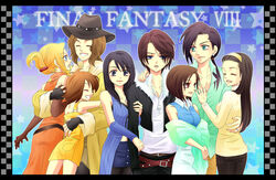  11118888s 3boys 5girls :d ^_^ aqua_eyes arm_hug arm_warmers bad_id bad_pixiv_id black_hair blonde_hair blue_arm_warmers blue_eyes brown_hair button_up_skirt closed_eyes collarbone copyright_name cowboy_hat dress ellone father_and_daughter father_and_son final_fantasy final_fantasy_viii fingerless_gloves flipped_hair fur_trim gloves griever hat height_difference hug husband_and_wife irvine_kinneas jacket jewelry laguna_loire long_hair looking_at_viewer mother_and_daughter mother_and_son multiple_boys multiple_girls necklace open_mouth parted_lips photoshop_(medium) quistis_trepe raine_loire ring rinoa_heartilly selphie_tilmitt short_hair skirt sleeveless_duster smile spoilers squall_leonhart yellow_dress 