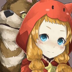  animal blue_eyes blush brown_background commentary_request female hood little_red_riding_hood_(p&amp;d) long_hair mosamune orange_hair puzzle_&amp;_dragons simple_background smile solo star_(symbol) twintails upper_body wolf 