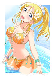  ayase_eli bikini blonde_hair blue_eyes blush bracelet breasts cleavage commentary_request female floral_print flower front-tie_top hair_flower hair_ornament highres jewelry kurukuru_(p!) looking_at_viewer love_live! love_live!_school_idol_project md5_mismatch medium_breasts medium_hair navel ocean open_mouth orange_bikini partially_submerged photoshop_(medium) ponytail print_bikini see-through side-tie_bikini_bottom solo swimsuit water yellow_bikini 