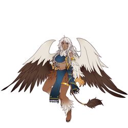  absurdres animal animal_hands armband bad_link bare_shoulders bird_wings blush braid breasts claws closed_mouth dark-skinned_female dark_skin feathered_wings feathers female flying full_body fur_collar grey_eyes griffon_(monster_girl_encyclopedia) highres holding holding_animal jewelry large_breasts lion_tail long_hair looking_at_viewer manosdetrapo midriff monster_girl monster_girl_encyclopedia mouse_(animal) multicolored_wings navel pelvic_curtain second-party_source simple_background solo tail thighlet underboob white_background white_hair wings 