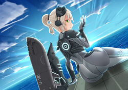  armor ass blonde_hair bodysuit boots chinese_commentary commentary_request diving_suit female from_behind greaves green_eyes headgear highres machinery nova_(starcraft) ocean outdoors pauldrons ponytail shoulder_armor sitting solo starcraft terran u-505_(warship_girls_r) unworn_boots visor warship_girls_r wetsuit xia_zhi_chong_yin_xu_ruo_dan_qing 