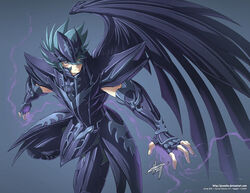  1boy armor bennu_kagaho commentary_request full_armor hair_between_eyes helmet jesonite male_focus photoshop_(medium) purple_eyes purple_wings saint_seiya saint_seiya:_the_lost_canvas solo spiked_hair wings 