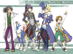  4boys alternate_costume black_hair blonde_hair blue_eyes boots brown_hair canine character_doll company_connection copyright_name cosplay estellise_sidos_heurassein flynn_scifo frederic_chopin_(trusty_bell) frederic_chopin_(trusty_bell)_(cosplay) hat judith_(tales) karol_capel karol_capel_(valiant_swordsman) kawamura_raichi knee_boots male_focus multiple_boys namco official_alternate_costume official_cosplay one_eye_closed patty_fleur ponytail raven_(notorious_teacher)_(tales) raven_(tales) repede_(tales) rita_mordio sword tales_of_(series) tales_of_vesperia top_hat trusty_bell weapon yuri_lowell yuri_lowell_(true_knight) 