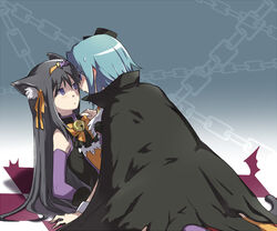  2girls akemi_homura animal_ears bare_shoulders bell black_hair blue_eyes blue_hair blush bow cape cat_ears cat_tail chains commentary_request costume gmork hair_ribbon halloween hand_on_shoulder hat jingle_bell kemonomimi_mode long_hair lying mahou_shoujo_madoka_magica mahou_shoujo_madoka_magica_(anime) miki_sayaka mini_hat mini_top_hat multiple_girls oerba_yun_fang purple_eyes ribbon short_hair tail top_hat vampire yuri 