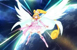  aida_mana arm_warmers ayatori_(sensei_heroism) blonde_hair boots bow brooch cape choker clenched_hand commentary_request cure_heart cure_heart_(parthenon_mode) curly_hair dokidoki!_precure female floating_cape flying full_body half_updo heart heart_brooch high_ponytail highres jewelry knee_boots long_hair magical_girl pink_arm_warmers pink_bow pink_eyes pink_footwear pink_sleeves planet ponytail precure skirt smile solo white_skirt wing_brooch wings 