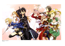  6+girls absurdres aiming armor arrow_(projectile) asuna_(sao) bare_shoulders black_eyes black_hair black_shorts black_skirt black_thighhighs blonde_hair blue_eyes bow_(weapon) breastplate breasts brown_eyes brown_hair bunbun cleavage dagger dark_repulser detached_sleeves drawing_bow drawing_sword dual_wielding ebon_dagger elucidator green_skirt hair_ornament hammer highres holding holding_arrow holding_bow_(weapon) holding_dagger holding_knife holding_sword holding_weapon kirito knife knights_of_blood_uniform_(sao) large_breasts leafa leafa_(sao:im) lisbeth_(sao) long_hair long_sleeves medium_breasts multiple_girls official_art philia_(sao) pink_hair pleated_skirt ponytail red_skirt sheath sheathed short_hair short_shorts shorts silica sinon sinon_(sao:hf) skirt sword sword_art_online sword_art_online:_hollow_fragment sword_art_online:_infinity_moment sword_behind_back thighhighs thighs unsheathing very_long_hair weapon white_armor white_thighhighs 