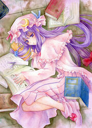  aoi_yuuka_(ao_no_kokoro) book bookmark bow capelet commentary_request crescent crescent_hat_ornament female frills graphite_(medium) hairbow hat hat_ornament long_hair lying on_side painting_(medium) pastel_(medium) patchouli_knowledge purple_eyes purple_hair solo touhou traditional_media very_long_hair watercolor_(medium) 