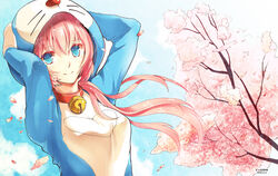  alternate_costume artist_name bell blue_eyes cherry_blossoms commentary_request cosplay doraemon doraemon_(character) doraemon_(character)_(cosplay) female funkid highres long_hair megurine_luka photoshop_(medium) pink_hair smile solo vocaloid 