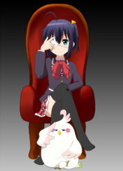  bird black_hair blue_eyes chair chuunibyou_demo_koi_ga_shitai! commentary_request company_connection crossed_legs crossover dera_mochimazzui eyepatch female honjou icho_private_high_school_uniform kyoto_animation medical_eyepatch one_side_up school_uniform short_hair sitting takanashi_rikka tamako_market thighhighs 