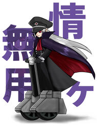  akatsuki_blitzkampf bad_id bad_pixiv_id black_gloves blitztank cape female full_body gloves grey_hair long_sleeves peg_(pixiv15545) perfecti red_eyes segway sidelocks standing uniform white_background zoom_layer 