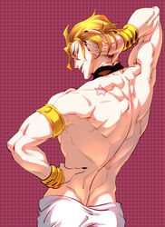  1boy arm_behind_head armband birthmark black_nails blonde_hair choker commentary_request dio_brando fingernails from_behind hand_on_own_hip highres huang_dian joestar_birthmark jojo_no_kimyou_na_bouken long_fingernails looking_back male_focus nail_polish orange_eyes polka_dot polka_dot_background scar scar_on_neck smile solo topless_male wrist_cuffs 