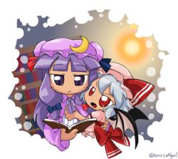  2girls bat_wings blue_hair book coffgirl commentary_request crescent hat long_hair multiple_girls oerba_yun_fang patchouli_knowledge purple_eyes purple_hair red_eyes remilia_scarlet ribbon touhou wings yuri 