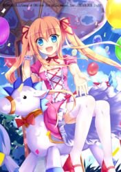  balloon blonde_hair blue_eyes carousel character_request commentary_request emil_chronicle_online female hair_between_eyes hair_ribbon highres horse long_hair looking_at_viewer nanairo_fuusen neck_ribbon open_mouth red_ribbon ribbon sitting smile solo thighhighs twintails white_thighhighs 