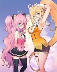  2girls ahoge arms_behind_back arms_up bare_shoulders black_skirt black_thighhighs blonde_hair blue_eyes blue_sky blush breasts buttons cleavage cloud color_switch commentary_request eyelashes hair_between_eyes headphones height_difference high_ponytail highres korean_commentary light_smile long_hair looking_at_viewer multiple_girls seeu seeu_dad skindentation skirt sky sleeveless standing thigh_strap thighhighs thighs tongue tongue_out two_side_up uni_(vocaloid) very_long_hair vocaloid zettai_ryouiki 