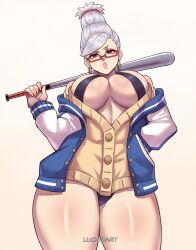  :o artist_name ayase_seiko bare_shoulders baseball_bat beehive_hairdo breasts brown_eyes cardigan cleavage commentary dandadan earrings english_commentary female glasses gradient_background hand_in_pocket highres holding holding_baseball_bat hoop_earrings jacket jewelry large_breasts long_hair looking_at_viewer luchidart mature_female metal_baseball_bat multicolored_clothes multicolored_jacket off_shoulder parted_lips red-framed_eyewear semi-rimless_eyewear simple_background solo swept_bangs swimsuit swimsuit_under_clothes tall_hair thick_thighs thighs two-tone_jacket white_hair yellow_cardigan 