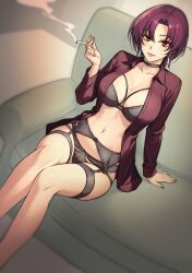  absurdres bazett_fraga_mcremitz bra breasts choker cigarette cleavage couch dress_shirt dynamitenatalia earrings fate/grand_order fate/hollow_ataraxia fate_(series) female garter_belt highres holding holding_cigarette indoors jewelry large_breasts light_smile lipstick looking_at_viewer makeup mole mole_under_eye open_clothes panties purple_hair red_eyes shirt short_hair smoking solo type-moon underwear 