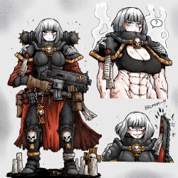  ? abs adepta_sororitas armor blue_eyes bob_cut bolter breasts chainsword cleavage commentary cropped_torso english_commentary female gloves highres large_breasts looking_at_viewer multiple_views muscular muscular_female octosoup power_armor purity_seal robe scar scar_on_stomach skirt skull solo sweat warhammer_40k weapon white_background white_hair 