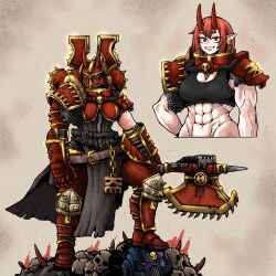  abs adepta_sororitas armor axe breasts chain_axe chainmail chaos_(warhammer) cleavage cropped_torso english_commentary fake_horns fallen_sisters female helmet highres horned_helmet horns khorne_(cult) loincloth looking_at_viewer looking_to_the_side multiple_views muscular muscular_female octosoup pointy_ears power_armor red_eyes red_hair short_hair sister_of_slaughter skull solo tank_top ultramarines warhammer_40k 