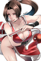  arm_guards bare_shoulders blush breasts brown_eyes brown_hair butcha-u cleavage fatal_fury female folded_fan folding_fan hand_fan high_ponytail highres holding holding_fan japanese_clothes large_breasts long_hair looking_at_viewer ninja pelvic_curtain ponytail revealing_clothes rope shiranui_mai sideboob smile snk the_king_of_fighters thighs 