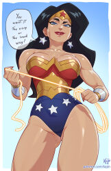  arm_guards artist_name black_hair blue_eyes blue_leotard breasts closed_mouth dc_comics earrings english_text female highres holding_lasso jewelry kajin_(kajinman) large_breasts lasso lasso_of_truth leotard long_hair mole mole_on_thigh multicolored_leotard patreon_username red_leotard red_lips solo speech_bubble star_(symbol) star_earrings star_print strapless strapless_leotard wonder_woman wonder_woman_(series) 