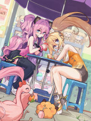  &gt;_&lt; 2girls absurdres bare_shoulders black_shorts black_thighhighs blonde_hair blue_eyes blush character_doll color_switch commentary_request drinking_straw dutch_angle eyelashes from_side hair_between_eyes happy headphones high_heels high_ponytail highres holding_carton korean_commentary long_hair looking_at_viewer multiple_girls nail_polish on_chair outdoors palette_swap parasol pink_hair pleated_skirt seeu seeu_dad shorts sitting skirt sleeveless table thighhighs two_side_up umbrella uni_(vocaloid) very_long_hair vocaloid wavy_hair yellow_nails 