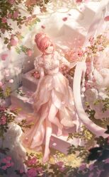  angel_statue artist_request bare_legs bare_shoulders branch breasts brown_eyes bush cleavage dress female flower flower_dress frilled_sleeves frills full_body game_cg hair_bun happy high_heels highres holding holding_wand jewelry long_dress looking_to_the_side necklace nikki_(nikki) nikki_(series) off-shoulder_dress off_shoulder official_art outdoors parted_lips petals pink_flower pink_hair pink_rose pink_shoes rainbow rose rose_petals rosy_dream_(shining_nikki) shade shining_nikki shoes short_hair short_sleeves single_hair_bun smile solo stiletto_heels sunset swept_bangs tiara updo walking wand yellow_dress 