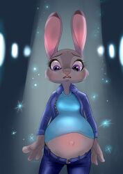  2025 4_fingers anthro belly belly_peeking_out belt belt_buckle big_belly black_kitty blue_belt blue_bottomwear blue_clothing blue_jacket blue_pants blue_shirt blue_topwear bottomwear buckle buckteeth clothed clothed_anthro clothed_female clothing colored digital_drawing_(artwork) digital_media_(artwork) disney english_description eyebrows eyelashes female female_anthro fingers front_view frown fully_clothed fully_clothed_anthro fully_clothed_female fur grey_body grey_eyebrows grey_fur half-length_portrait hi_res jacket judy_hopps lagomorph leporid light lighting long_ears looking_at_own_belly mammal navel open_clothing open_frown open_jacket open_mouth open_topwear outie_navel pants pink_inner_ear pink_nose pink_tongue portrait pregnant pregnant_anthro pregnant_female purple_eyes rabbit shaded shirt simple_background solo sparkles teeth tongue topwear worried_look zootopia 