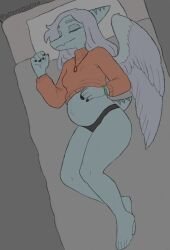 2025 5_fingers absurd_res anthro artist_name attempttodraw back_wings barefoot bed bedding bird&#039;s-eye_view black_nails blanket blue_body blue_scales bone_frill bracelet breasts cavemanon_studios closed_eyes clothed clothing colored colored_nails digital_drawing_(artwork) digital_media_(artwork) fang_(gvh) fangs feathered_wings feathers feet female fingers frill_(anatomy) full-length_portrait furniture goodbye_volcano_high grey_body grey_feathers grey_hair hair hand_on_own_belly hi_res high-angle_view jewelry long_hair lying midriff nails navel necklace on_bed on_side outie_navel panties pillow portrait pregnant pregnant_anthro pregnant_female prehistoric_species pterodactylus pterosaur raised_clothing raised_sweater raised_topwear reptile scales scalie short_tail sleeping snoot_game snout solo sweater tail teeth text topwear turtleneck underwear wings 