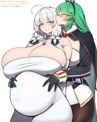  2girls ahoge alternate_breast_size_(larger) azur_lane bare_shoulders big_belly black_cape black_gloves blue_eyes blunt_bangs blush breasts brown_pantyhose cape cleavage closed_eyes closed_mouth commentary_request commission covered_navel dress flower gloves green_hair hair_flower hair_ornament half-closed_eyes hands_on_another's_stomach highres huge_breasts illustrious_(azur_lane) italian_flag kissing_hair kissing_head large_breasts littorio_(azur_lane) long_hair long_sleeves looking_at_another mole mole_under_eye multiple_girls outie_navel pantyhose pixiv_commission pregnant rikuguma simple_background smile strapless strapless_dress thighhighs tight_clothes tight_dress white_background white_dress white_hair yuri 