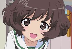  akiyama_yukari blouse brown_eyes brown_hair close-up commentary_request female girls_und_panzer looking_at_viewer messy_hair neckerchief ooarai_school_uniform open_mouth school_uniform serafuku shirt short_hair smile solo takahiro_(rikky) white_shirt 