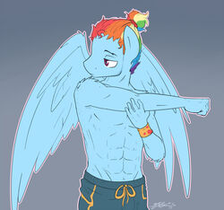  2015 abs anthro anthrofied blue_body blue_feathers bottomwear clothed clothing equid equine feathered_wings feathers friendship_is_magic ftm_crossgender hair hasbro male mammal multicolored_hair muscular muscular_anthro muscular_male my_little_pony mythological_creature mythological_equine mythology nolycs pegasus purple_eyes rainbow_dash_(mlp) rainbow_hair rule_63 shorts solo stretching sweatband topless wings 