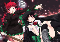  2girls animal_ears bad_id bad_pixiv_id black_hair bow braid cape cat_ears green_bow hairbow highres kaenbyou_rin ktsecond long_hair multiple_girls red_eyes red_hair reiuji_utsuho short_hair third_eye touhou twin_braids twintails wheelbarrow zombie_fairy_(touhou) 