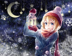  alternate_costume bare_tree beanie blonde_hair blue_eyes blush buttons coat commentary crescent female glowing hair_between_eyes hair_ornament hairclip hat kagamine_rin lamp long_sleeves mittens night night_sky outdoors photoshop_(medium) pom_pom_(clothes) red_scarf scarf short_hair sky smile snowflakes snowing solo star_(symbol) teka tree upper_body vocaloid 