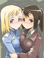  2girls asymmetrical_docking blonde_hair blush breast_press breasts brown_eyes brown_hair buttons cheek-to-cheek collared_shirt commentary_request elma_leivonen formal geena_preddy green_eyes grey_background heads_together large_breasts long_sleeves looking_at_viewer military military_uniform multiple_girls necktie noble_witches shirt simple_background smile strike_witches:_suomus_misfits_squadron suit tareme uniform vt_(ytoh02) world_witches_series 