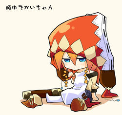  bandana blue_eyes chibi commentary_request female orange_hair sekaiju_no_meikyuu sekaiju_no_meikyuu_4 solo sword swordsman_(sekaiju_4) swordsman_4_(sekaiju_4) weapon yamazaru_yuu 