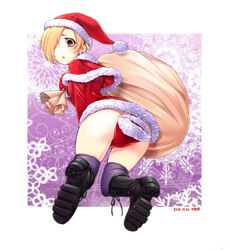  bags_under_eyes black_thighhighs blonde_hair blush boots brown_eyes christmas commentary_request covering_crotch covering_privates cross-laced_footwear earrings female from_behind hair_over_one_eye hat highres idolmaster idolmaster_cinderella_girls jewelry knee_boots lace-up_boots looking_at_viewer looking_back no_panties ooike_teru open_mouth photoshop_(medium) sack santa_costume santa_hat shirasaka_koume short_hair sleeves_past_wrists solo thighhighs 