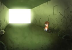  brown_hair chie_(lcddem) closed_eyes commentary english_commentary female hair_ornament lcddem night_(nightmargin) shoes short_hair sitting solo wall 