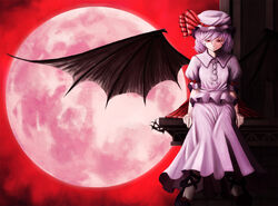  bad_id bad_pixiv_id bat_wings dress female frilled_dress frills full_moon hat hat_ribbon mmm_(mikito) mob_cap moon puffy_short_sleeves puffy_sleeves red_eyes remilia_scarlet ribbon short_hair short_sleeves sitting touhou wings 