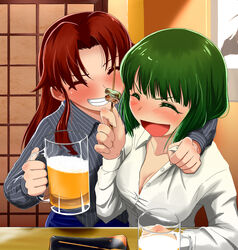  2girls alcohol araragi_yuuichi architecture arm_around_neck beer beer_mug blush breasts cleavage closed_eyes commentary_request cup dress_shirt drunk east_asian_architecture food green_hair grin highres holding holding_cup idolmaster idolmaster_(classic) idolmaster_dearly_stars long_hair medium_breasts mole mole_under_mouth mug multiple_girls open_mouth otonashi_kotori ozaki_reiko pinstripe_pattern plate red_hair restaurant shirt short_hair skewer smile striped table unbuttoned 