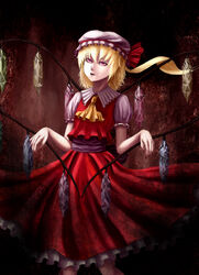  ascot bad_id bad_pixiv_id blonde_hair crystal female flandre_scarlet frilled_skirt frills hat hat_ribbon mmm_(mikito) mob_cap photoshop_(medium) pink_eyes puffy_short_sleeves puffy_sleeves ribbon short_hair short_sleeves side_ponytail skirt touhou vest wings 