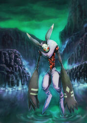  andiramon animal_ears commentary_request digimon digimon_(creature) full_body gouxiong highres horns looking_at_viewer no_humans photoshop_(medium) rabbit_ears red_eyes rock sky solo walking walking_on_liquid water 