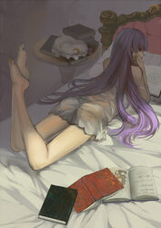  alternate_costume ass bare_legs bare_shoulders barefoot bed book charimei commentary_request feet female from_behind hat hime_cut kirisame_marisa legs legs_up long_hair lying nightgown on_stomach patchouli_knowledge pentagram photo_(object) purple_hair reading see-through shade solo strap_slip the_pose touhou unworn_hat unworn_headwear very_long_hair 