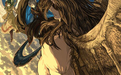  2boys angel angel_wings bad_id bad_pixiv_id black_jacket blindfold boots brown_hair cloak cloud dress elona feathered_wings female halo harusame_(rueken) jacket jure_of_healing mani_of_machine mechanical_arms multicolored_hair multiple_boys opatos_of_earth silver_hair single_mechanical_arm white_wings wings 