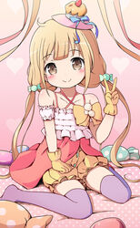  bad_id bad_pixiv_id bare_shoulders blonde_hair blue_bow blue_ribbon blush bow brown_eyes candy_hair_ornament candy_wrapper closed_mouth collarbone commentary_request dress female food-themed_clothes food-themed_hair_ornament frilled_shorts frills futaba_anzu gloves hair_ornament halterneck hand_up hat head_tilt heart heart_background idolmaster idolmaster_cinderella_girls long_hair looking_at_viewer low_twintails mini_hat nekono_rin no_shoes photoshop_(medium) pillow pink_background pink_dress polka_dot polka_dot_pillow puffy_short_sleeves puffy_shorts puffy_sleeves purple_thighhighs ribbon short_sleeves shorts sitting smile solo sweet2_happy_(idolmaster) thighhighs twintails v very_long_hair wariza yellow_bow yellow_gloves yellow_shorts 