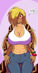  5_fingers anthro bangs belly_scales big_breasts biped black_text blonde_eyebrows blonde_hair blue_bottomwear blue_clothing blue_pants blush bottomwear bracelet breasts brown_body brown_breasts brown_face brown_scales brown_skin brown_tail cleavage clothed clothing curved_eyebrows curvy_figure dark_markings dark_text dialogue diamondback_rattlesnake english_text eyebrow_through_hair eyebrows female fingers front_view fully_clothed hair hair_over_eye hi_res huge_breasts iris jewelry light_clothing light_eyebrows light_hair light_shirt light_topwear long_hair long_tail looking_at_viewer markings mastergodai midriff monotone_bottomwear monotone_breasts monotone_clothing monotone_face monotone_hair monotone_pants monotone_shirt monotone_topwear multicolored_body multicolored_scales multicolored_tail navel non-mammal_breasts one_eye_obstructed open_mouth orange_eyes pants pit_viper ponytail pupils rattlesnake red_blush red_body red_eyes red_markings red_pupils red_scales red_tail reptile sanaki_koga scales scalie shirt simple_background snake solo speech_bubble tail talking_to_viewer text thick_tail thick_thighs topwear translucent translucent_hair two_tone_body two_tone_scales two_tone_tail viper voluptuous white_clothing white_shirt white_topwear wide_hips 