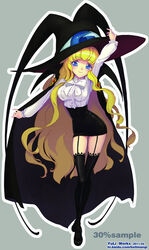  absurdres bad_id bad_pixiv_id black_thighhighs blonde_hair blue_eyes cape female hat highres lilith_(yamibou) long_hair mary_janes photoshop_(medium) shoes solo thighhighs very_long_hair witch_hat yami_to_boushi_to_hon_no_tabibito yu_li 