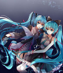  2girls 39_music_(vocaloid) :d absurdres aqua_eyes aqua_hair aqua_necktie bad_id bad_pixiv_id baocaizi bare_shoulders black_bow black_gloves bow bubble commentary_request dress dual_persona gloves hair_ornament hairbow hand_in_hand_(vocaloid) hatsune_miku highres long_hair looking_at_another looking_at_viewer magical_mirai_(vocaloid) magical_mirai_miku magical_mirai_miku_(2015) magical_mirai_miku_(2016) multiple_girls necktie open_mouth smile twintails very_long_hair vocaloid white_gloves 